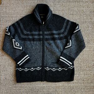 Vintage Aztec 100% Wool Shawl Collar Zip Up Sweater